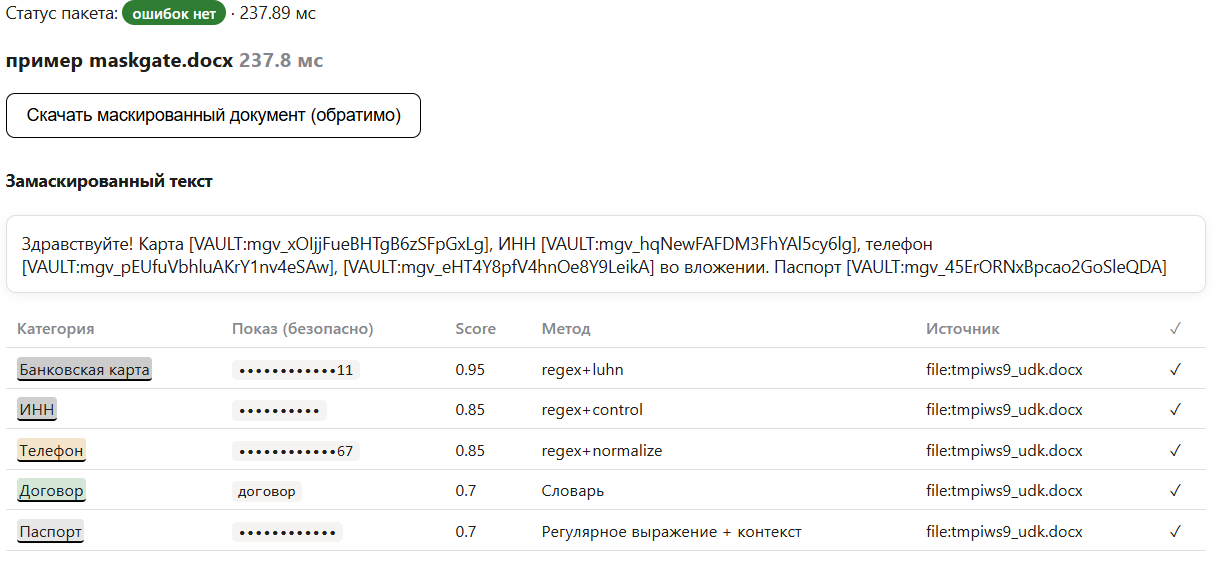 Пример замаскированного документа с токенами vault